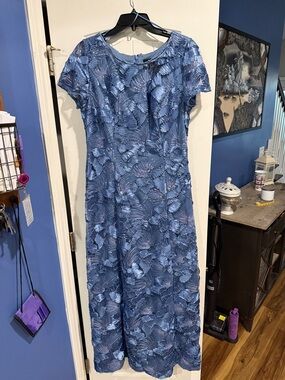Alex Evenings Blue Embroidered Cap Sleeve Maxi Dress